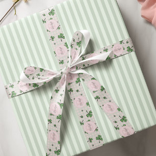 Monogrammed Pink and Green Shamrocks & Gingham Grosgrain Ribbon