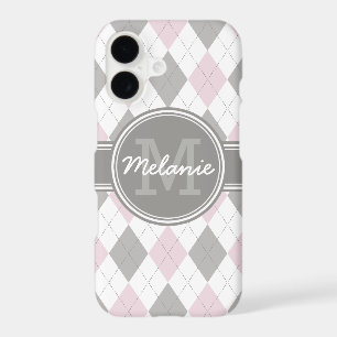 Monogrammed Pink and Grey Argyle Pattern