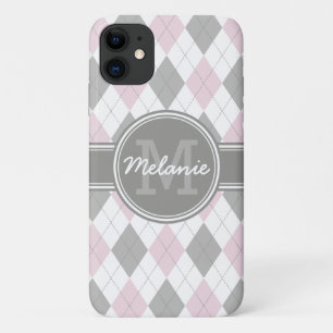 Monogrammed Pink and Grey Argyle Pattern iPhone 11 Case