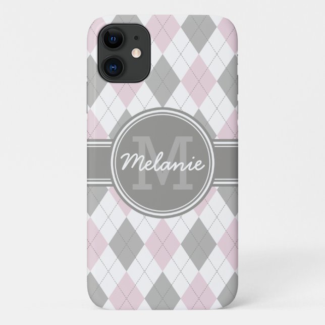 Monogrammed Pink and Grey Argyle Pattern Case-Mate iPhone Case (Back)
