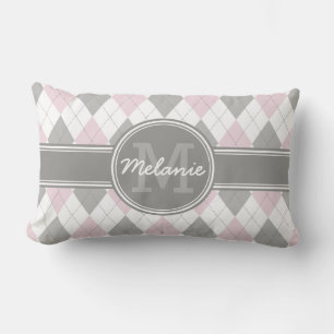 Monogrammed Pink and Grey Argyle Pattern Lumbar Pillow