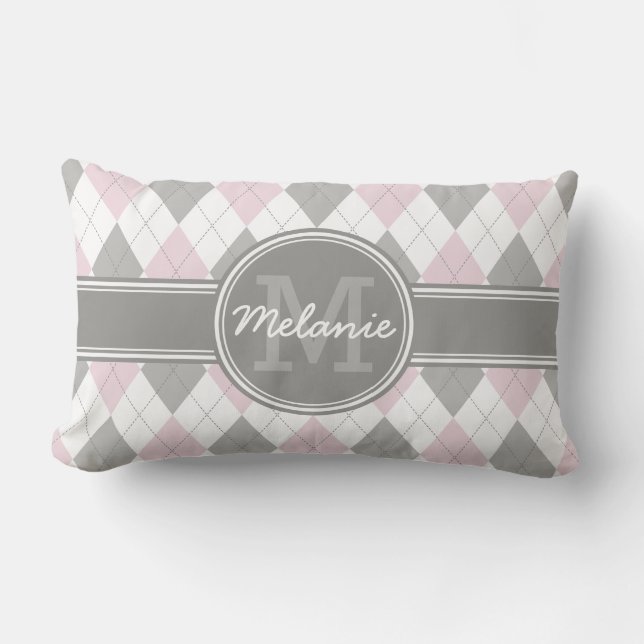 Monogrammed Pink and Grey Argyle Pattern Lumbar Pillow (Front)