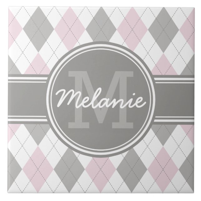 Monogrammed Pink and Grey Argyle Pattern Tile (Front)
