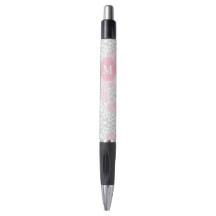 Monogrammed Pink and Grey Floral Damask Pen