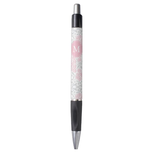 Monogrammed Pink and Grey Floral Damask Pen (Front Vertical)