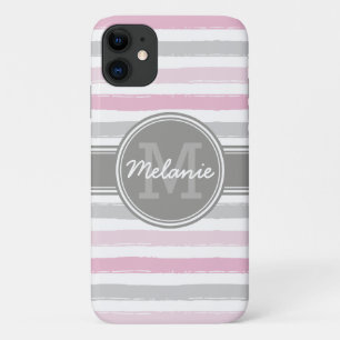 Monogrammed Pink and Grey Paint Stripes iPhone 11 Case