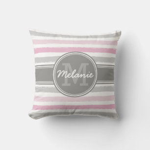 Monogrammed Pink and Grey Paint Stripes Pattern Throw Pillow