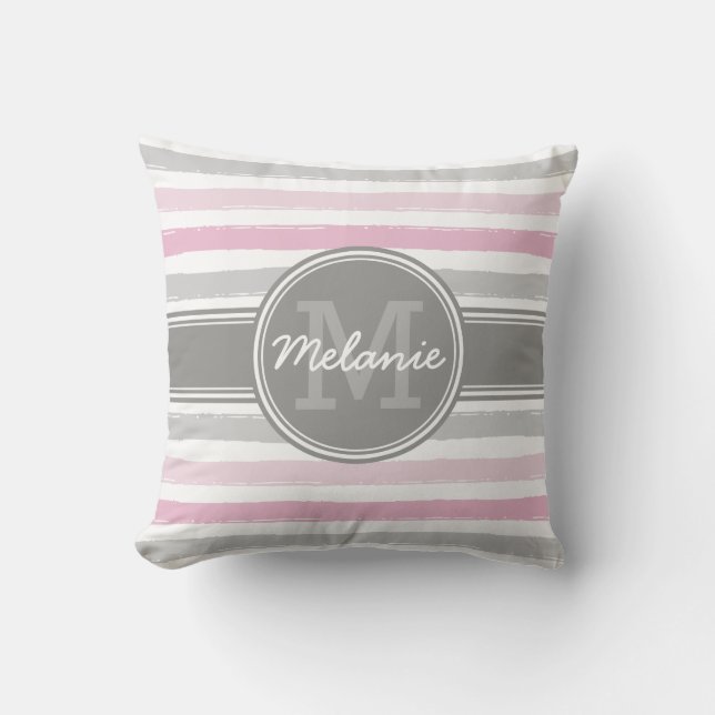 Monogrammed Pink and Grey Paint Stripes Pattern Throw Pillow (Front)