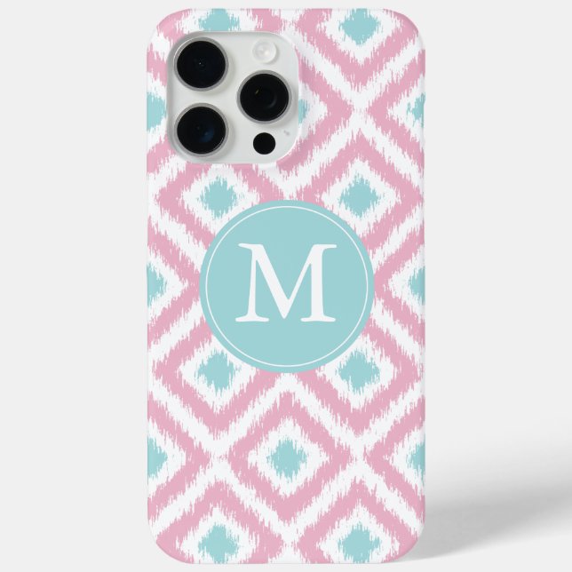 Monogrammed Pink and Mint Diamonds Ikat Pattern Case-Mate iPhone Case (Back)