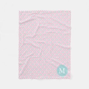 Monogrammed Pink and Mint Diamonds Ikat Pattern Fleece Blanket