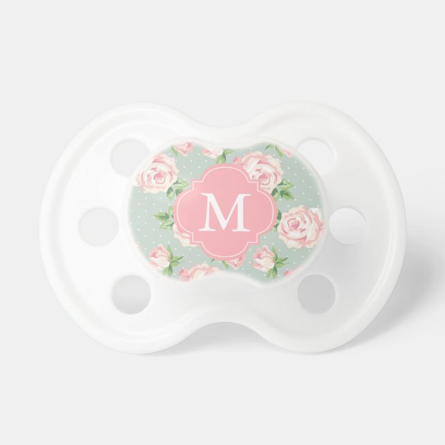Monogrammed Pink and Mint Vintage Roses Pattern Pacifier (Front)