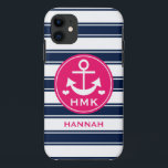 MONOGRAMMED PINK AND NAVY ANCHOR iPhone 11 CASE<br><div class="desc">THIS CUTE,  PREPPY AND GIRLY ANCHOR AND STRIPES NAUTICAL THEMED DESIGN IN DARK BLUE NAVY,  HOT PINK FUCHSIA AND WHITE HUES CAN BE PERSONALIZED WITH YOUR NAME AND CUSTOMIZED WITH YOUR MONOGRAM AND THREE LETTER INITIALS UNDERNEATH THE HEARTS. ARTWORK © CHRISSY H. STUDIOS,  LLC. ALL RIGHTS RESERVED.</div>