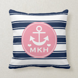 Monogrammed Pink and Navy Blue Anchor Throw Pillow