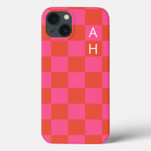 Monogrammed Pink and Orange Chequerboard Pattern  iPhone 13 Case