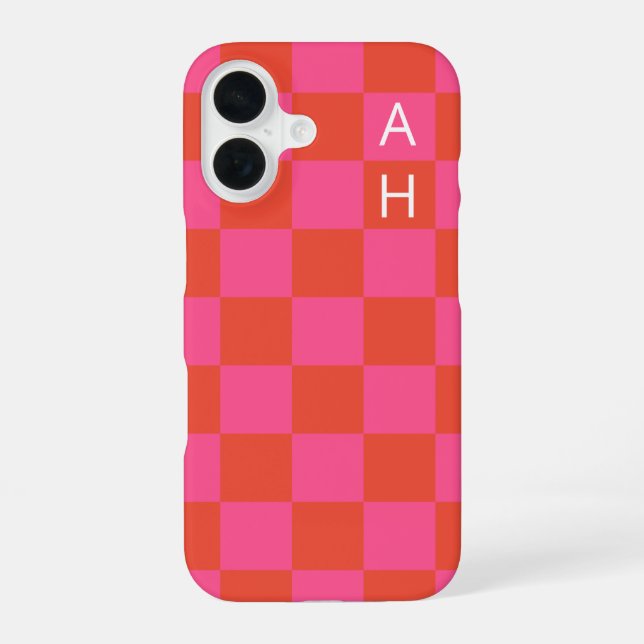 Monogrammed Pink and Orange Chequerboard Pattern  iPhone 16 Case (Back)