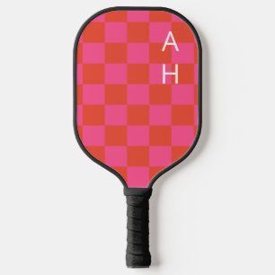 Monogrammed Pink and Orange Chequerboard Pattern  Pickleball Paddle