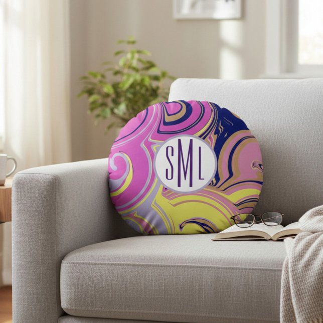 Monogrammed Pink and Purple Abstract Round Pillow (Creator Uploaded)