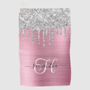 Monogrammed Pink and Silver Dripping Glitter Golf Towel