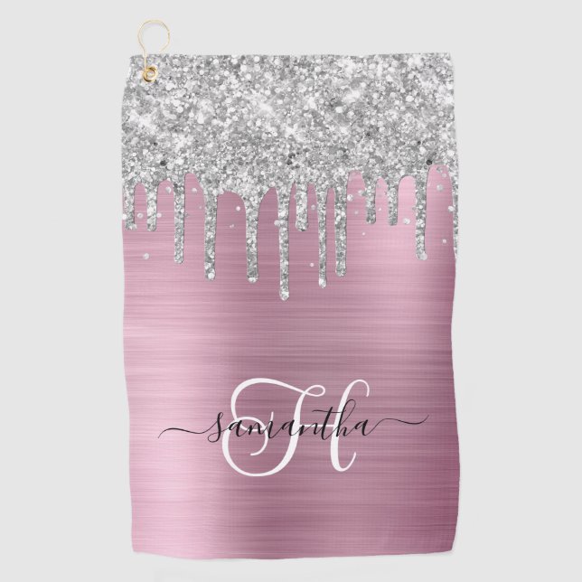 Monogrammed Pink and Silver Dripping Glitter Golf Towel (Front)