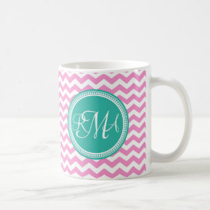 Monogrammed Pink and Teal Chevron Custom Coffee Mug
