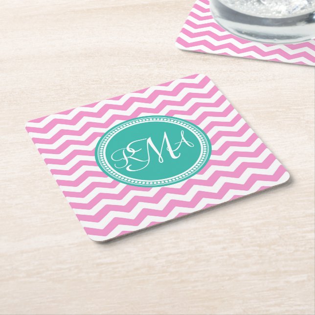 Monogrammed Pink and Teal Chevron Custom Square Paper Coaster (Angled)
