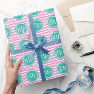 Monogrammed Pink and Teal Chevron Custom Wrapping Paper