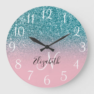 Monogrammed Pink and Teal Glitter Ombre Large Clock
