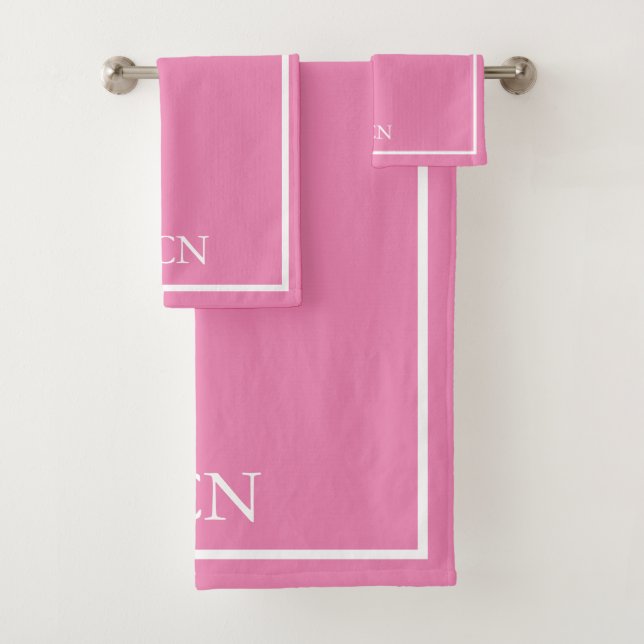 Monogrammed Pink and White Border Classic  Bath Towel Set (Insitu)