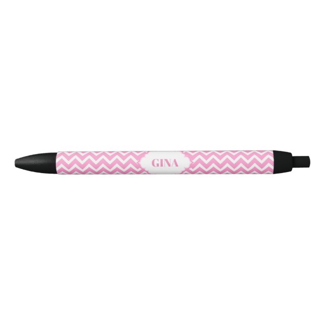 Monogrammed Pink And White Chevron Pattern Black Ink Pen (Front)