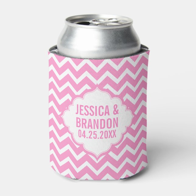 Monogrammed Pink And White Zigzag Chevron 2 Can Cooler (Can Front)