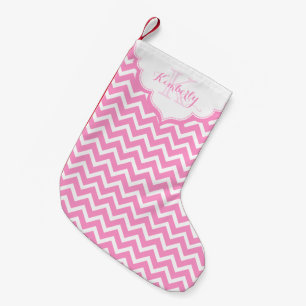 Monogrammed Pink And White Zigzag Chevron Small Christmas Stocking