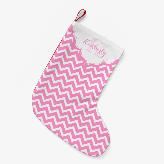 Monogrammed Pink And White Zigzag Chevron Small Christmas Stocking (Front (Hanging))