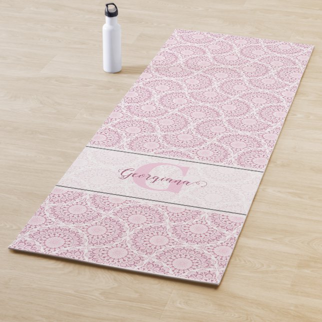 Monogrammed Pink Art Deco Confetti Lace Mandala Yoga Mat (In Situ)
