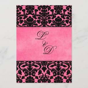 Monogrammed Pink, Black Damask Wedding Invitation