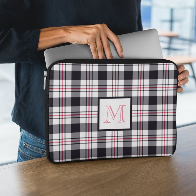 Monogrammed Pink Black Plaid Pattern Laptop Sleeve (Creator Uploaded)