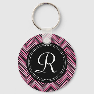 Monogrammed Pink Black Tribal Chevron Pattern Keychain