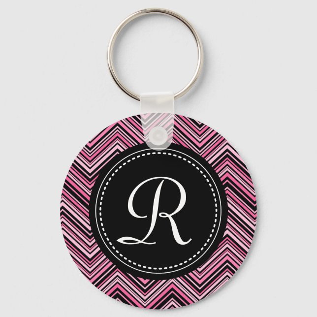 Monogrammed Pink Black Tribal Chevron Pattern Keychain (Front)