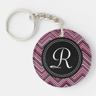 Monogrammed Pink Black Tribal Chevron Pattern Keychain