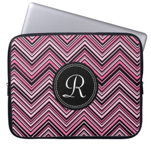 Monogrammed Pink Black Tribal Chevron Pattern Laptop Sleeve