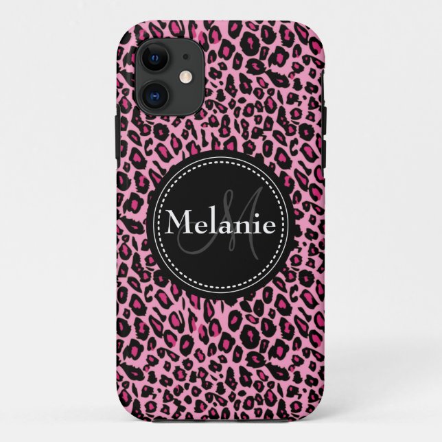 Monogrammed Pink Black White Leopard Pattern Case-Mate iPhone Case (Back)