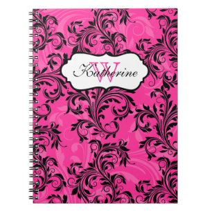 Monogrammed Pink Black White Scrolls Notebook