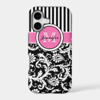 Monogrammed Pink, Black, White Striped Damask
