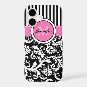 Monogrammed Pink, Black, White Striped Damask