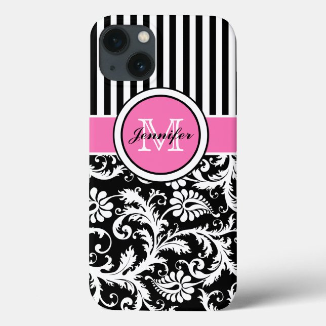 Monogrammed Pink, Black, White Striped Damask Case (Back)