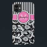 Monogrammed Pink, Black, White Striped Damask iPhone 11 Case<br><div class="desc">Monogrammed modern pink,  black,  and white stripes with damask Case-Mate Vibe™ iPhone 5 Case.</div>