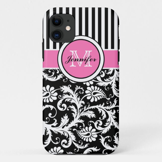 Monogrammed Pink, Black, White Striped Damask Case-Mate iPhone Case (Back)