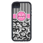 Monogrammed Pink, Black, White Striped Damask