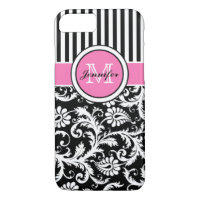 Monogrammed Pink, Black, White Striped Damask