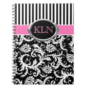 Monogrammed Pink Black White Striped Damask Notebook