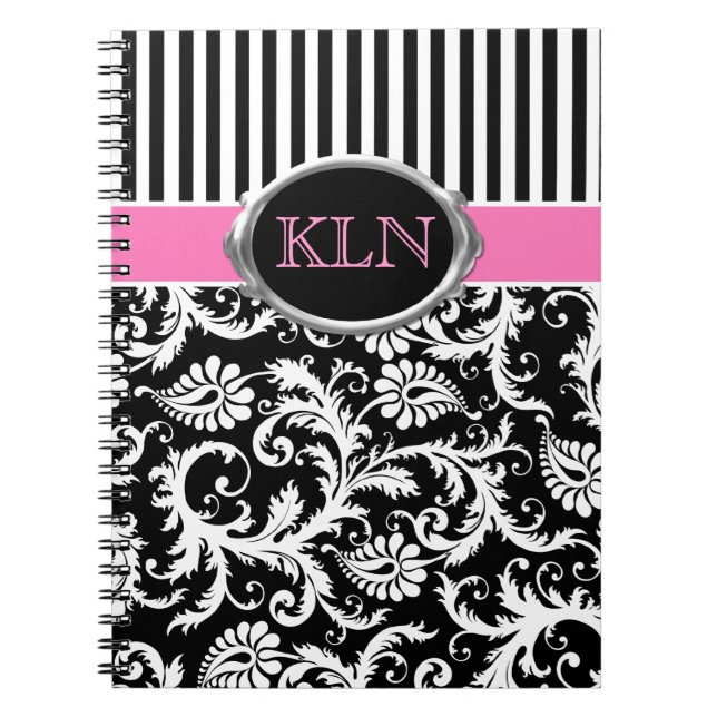 Monogrammed Pink Black White Striped Damask Notebook (Front)